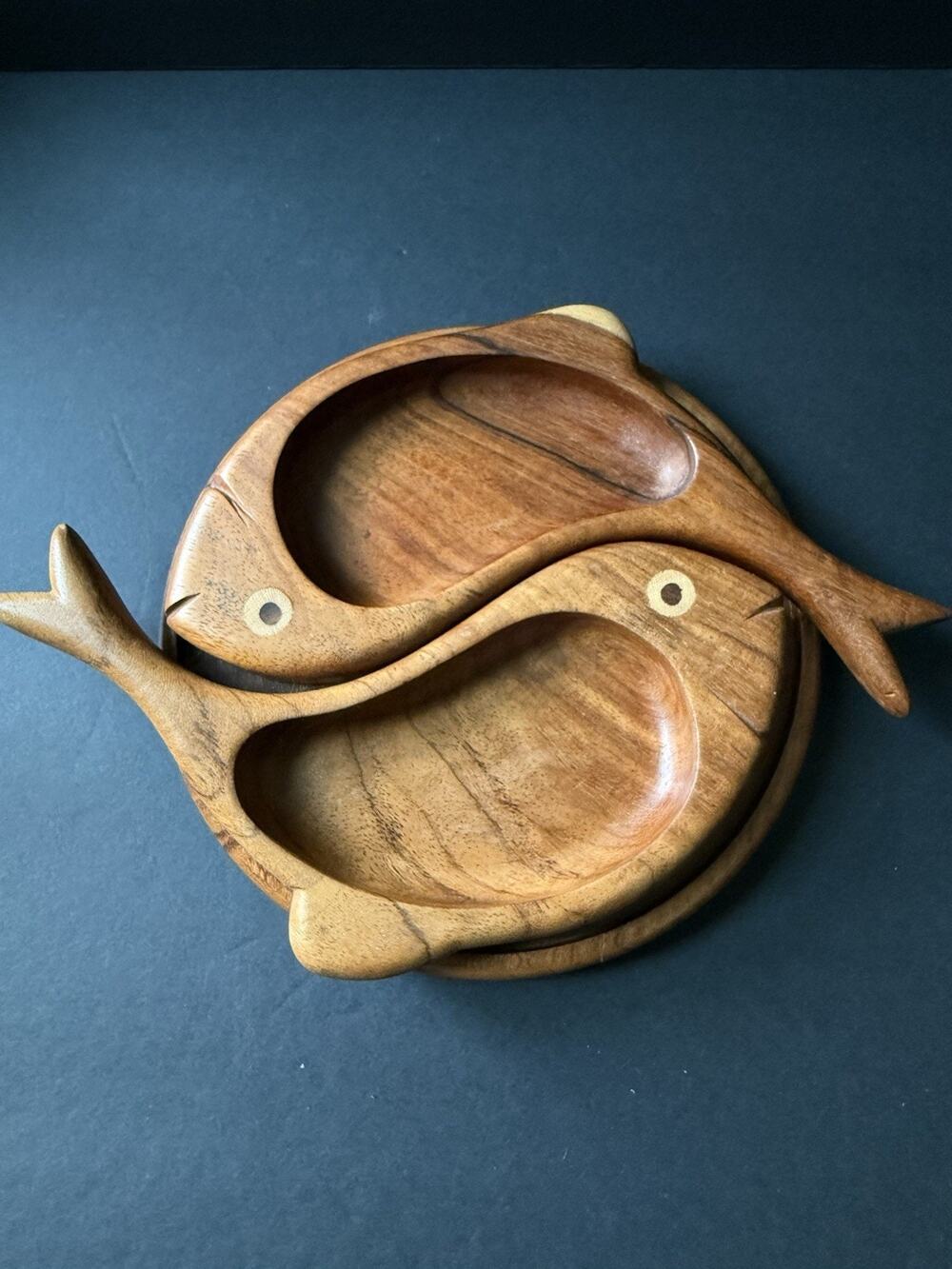 Handcrafted Fish Serving Tray Yin Yang Wood Round MCM Servingware Charcuterie